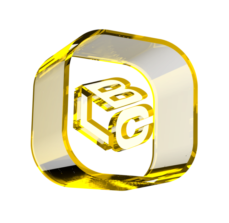 Logo 3D dourado com as letras "LBC" dentro de um contorno oval.