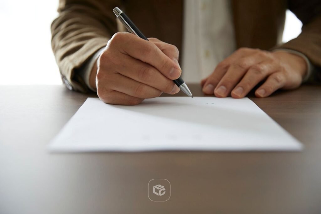 Pessoa assinando um documento com caneta sobre uma mesa, representando formalização de acordo, cessão de crédito judicial ou procedimento jurídico relacionado a precatórios e RPVs.