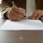 Pessoa assinando um documento com caneta sobre uma mesa, representando formalização de acordo, cessão de crédito judicial ou procedimento jurídico relacionado a precatórios e RPVs.