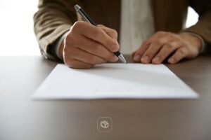 Pessoa assinando um documento com caneta sobre uma mesa, representando formalização de acordo, cessão de crédito judicial ou procedimento jurídico relacionado a precatórios e RPVs.