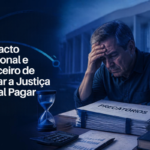 Arte sobre precatórios e Justiça Federal, com documentos, ampulheta e calculadora sobre uma mesa, ao lado de uma pessoa analisando processos.