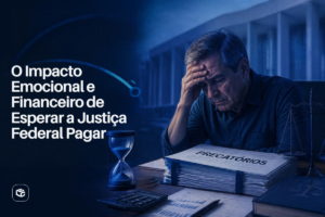 Arte sobre precatórios e Justiça Federal, com documentos, ampulheta e calculadora sobre uma mesa, ao lado de uma pessoa analisando processos.